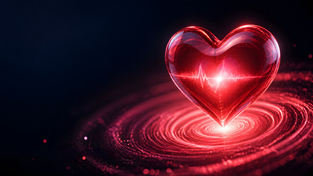Glass crystal heart glowing red with heartbeat pulse above swirl representing love health cardiology romance and medical wellness