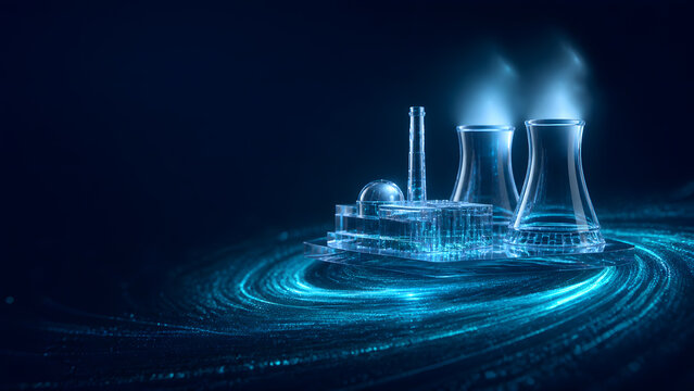 Glass power plant model with cooling tower steam above glowing swirl representing energy industry electricity production and utility technology