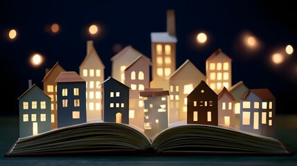 Naklejka premium A miniature paper town with glowing sits atop an open book against a dark night sky with soft bokeh lights