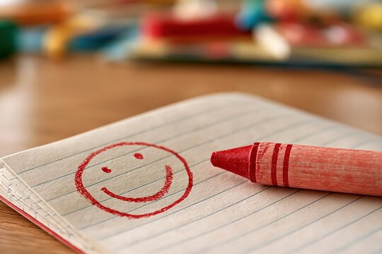 Red crayon drawing smiley face on lined notebook paper for education