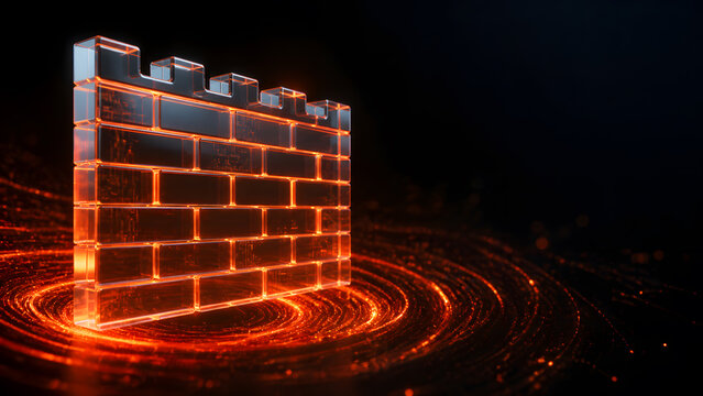 Glass brick wall glowing orange with fiery light above swirling background representing security barrier protection strength and construction defense