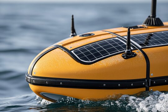 Autonomous surface vehicle navigating ocean water with solar panels