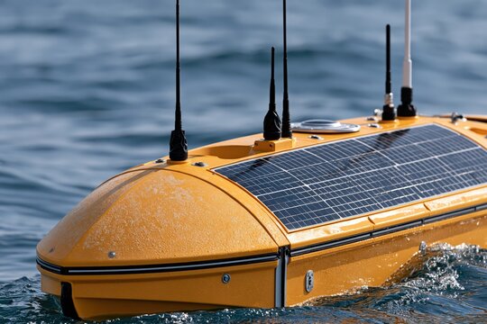 Autonomous surface vehicle with solar panels navigating on open ocean
