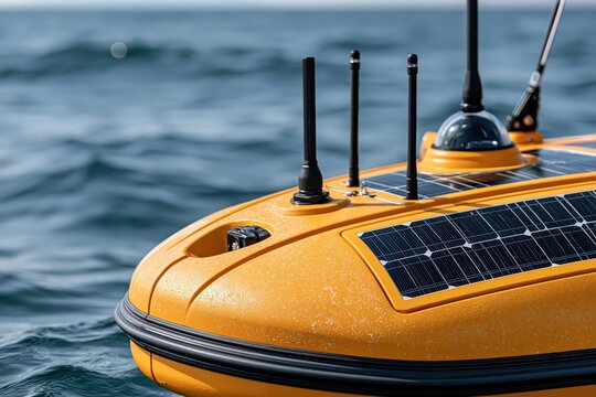 Autonomous surface vehicle with solar panels and antennas on ocean water