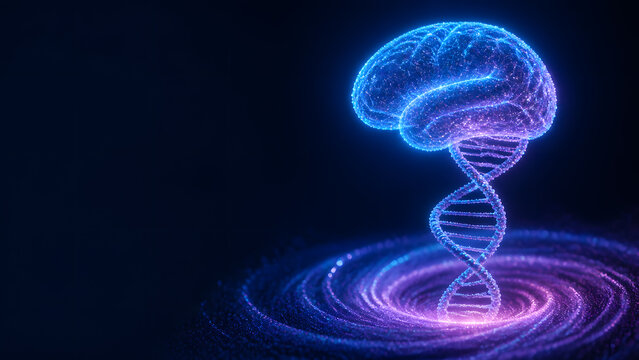 Glowing brain connected to dna helix representing biotechnology neuroscience genetic research innovation digital technology background design