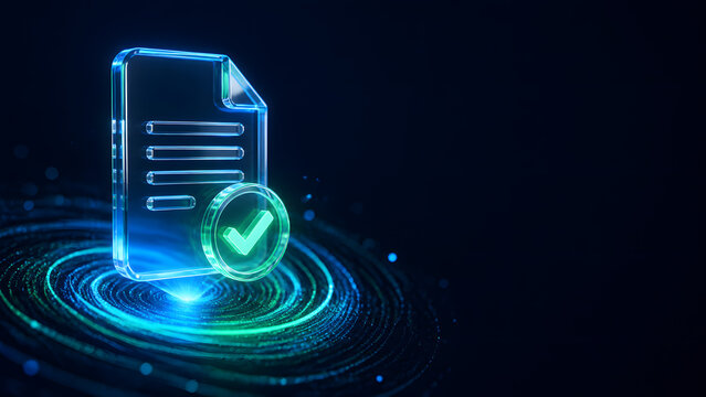 Glowing document with checkmark representing approval verification contract agreement compliance business digital technology background design template