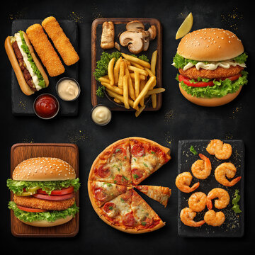 Top view fast food mix mozzarella sticks club sandwich hamburger mushroom pizza caesar shrimp