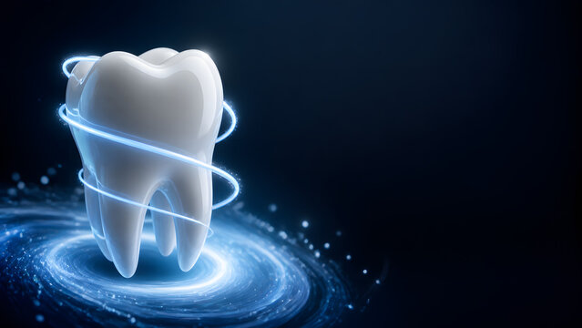 Glowing tooth representing dental care oral health dentist hygiene medical treatment healthcare digital technology background design template