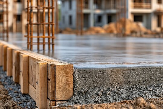 Fresh concrete foundation slab construction with wooden formwork setup