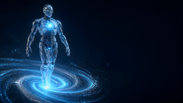Glowing humanoid robot representing artificial intelligence technology innovation automation cyborg future science digital background design template