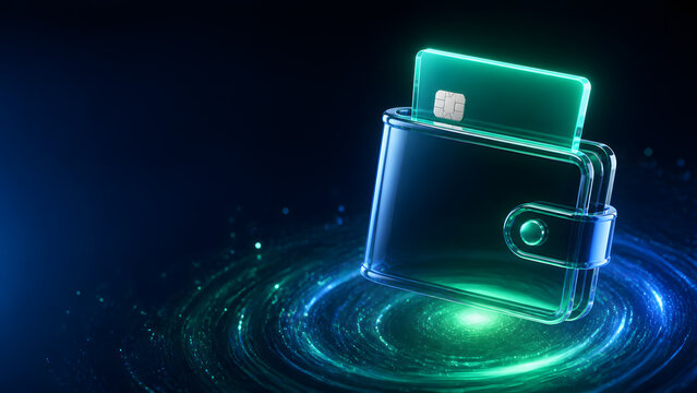 Glowing wallet with credit card representing payment finance banking money shopping transaction ecommerce digital technology background design