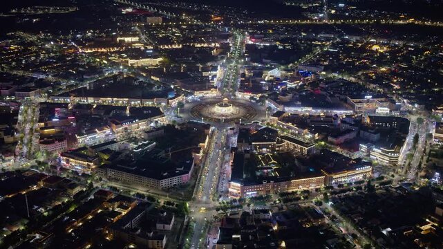 High-Angle Aerial Panoramic View of Tekes Bagua City Nightscape, Ili Unique Bagua I-Ching Geometric Structure, City Lights, Radial Street Network and Concentric Ring Roads in Xinjiang