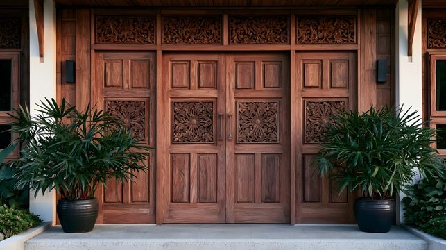A traditional wooden door with intricate carvings  flanked by potted plants  set in a warm toned architectural facade