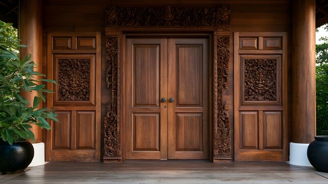 A traditional wooden door with intricate carvings flanked by decorative panels and large potted plants on either side