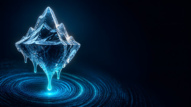 Glowing iceberg representing risk hidden danger insurance strategy business challenge finance digital technology background design template