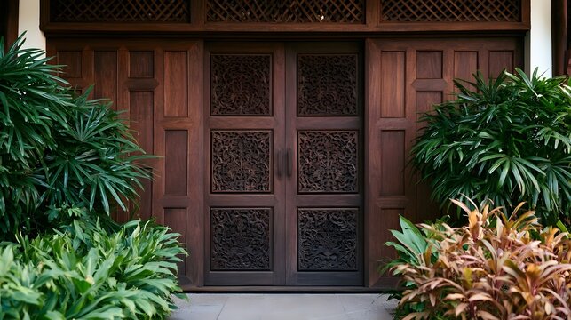 A traditional wooden door with intricate carvings  flanked by lush green plants and tropical foliage