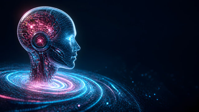 Digital human head profile glowing with circuit pattern brain against dark blue swirling technology backdrop