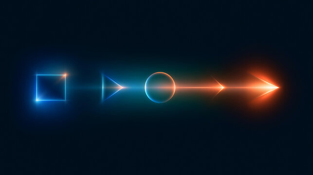Glowing neon arrow connecting geometric shape square triangle circle. Abstract futuristic process flow and energy transfer on dark background. Technology innovation and digital progression concept