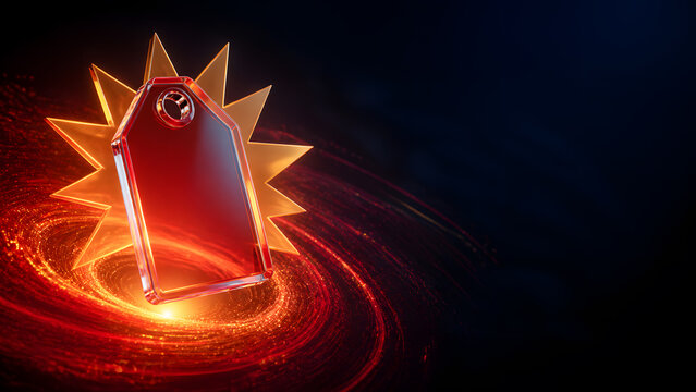 Glowing red price tag with star shape floating above spiral swirl pattern on dark backdrop