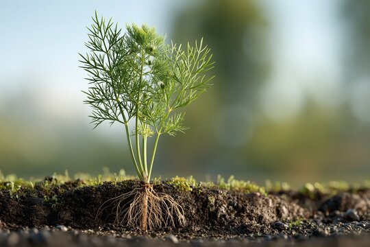 Fresh green dill plant with visible roots growing in fertile soil field