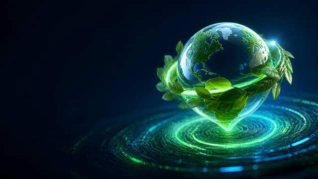 Glowing globe wrapped with green leaf floating above spiral swirl pattern on dark backdrop design