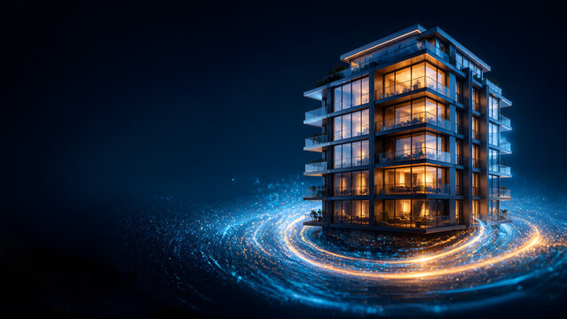Glowing modern apartment building with balconies floating above spiral swirl pattern on dark blue backdrop