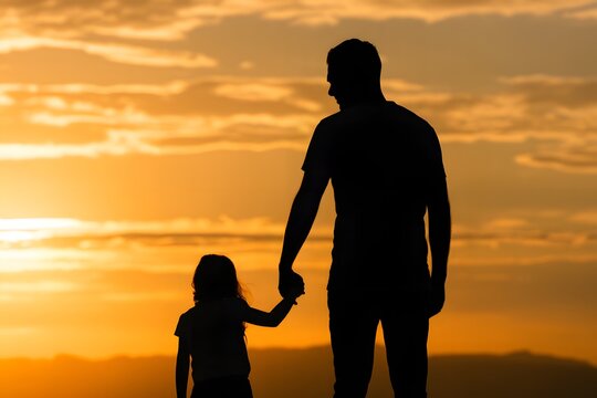 Silhouette of a father and daughter holding hands at sunset with silhouette
