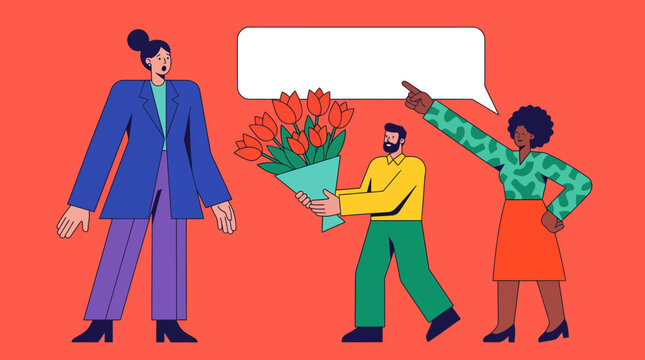 Vibrant vector illustration of a small man offering flowers to a tall woman with a blank speech bubble, concept for relationship advice, ideal for blog posts and social media.