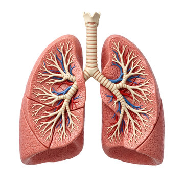 Anatomical model of human lungs with trachea and bronchial tree isolated on transparent background