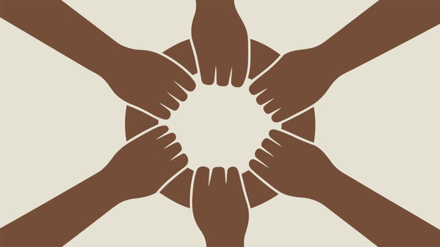 Six hands joined together in a circle on a light beige background, for unity and teamwork.