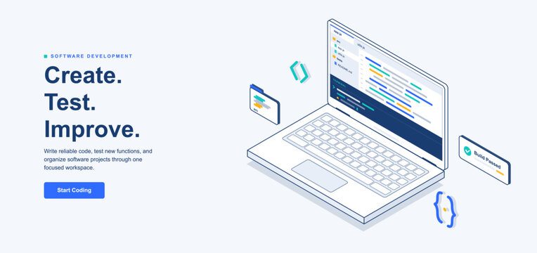 Software development and coding isometric landing page template. Laptop screen displaying code editor interface, terminal window, project folder and build status widgets. Vector graphic set.