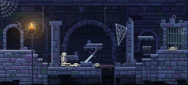 Pixel art dungeon game level background scene. Old retro castle brick stone location layout with skeleton, sword, spider webs, torch light and underground tile assets. Vector graphic set.