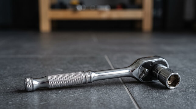 Silver metal ratchet socket wrench tool resting on grey tiled floor.