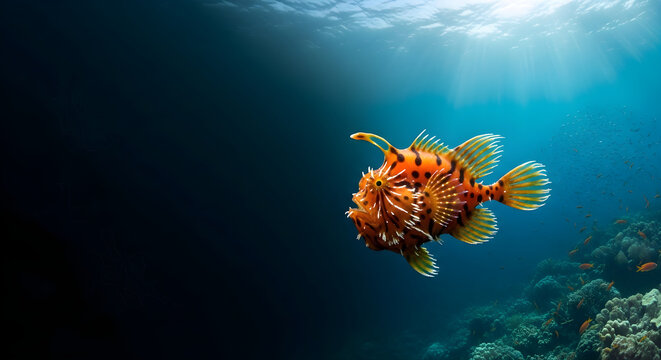 Orange frogfish swimming in deep blue tropical ocean water