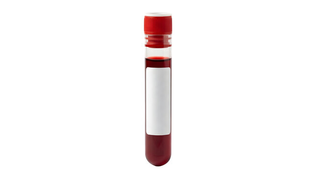 Medical blood test tube with red cap and blank label isolated on transparent background