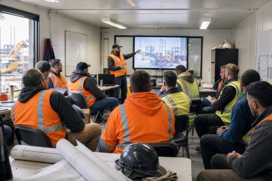 Construction workers attending safety training briefing in a site office classroom