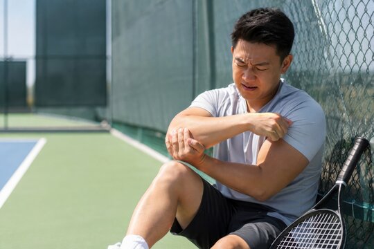 Athlete sitting on tennis court holding elbow in pain after sports injury