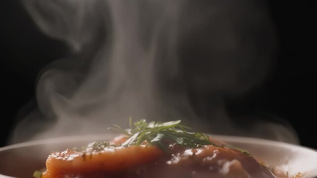 Close-up of fresh herbs being garnished with steam rising against a dark background, presented in a triptych format.