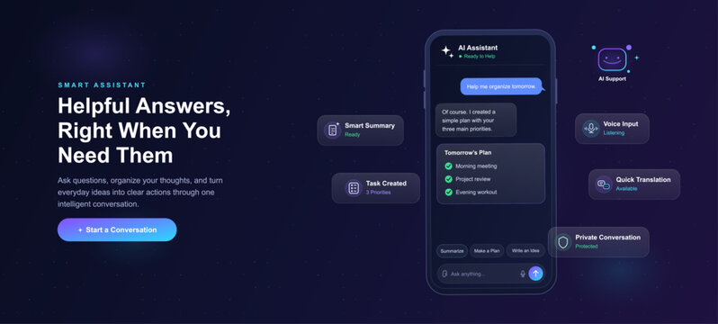 Smart AI assistant app website landing page template. Smartphone screen displaying intelligent chatbot conversation interface, text message bubbles and plan schedule widgets. Vector UI, UX.