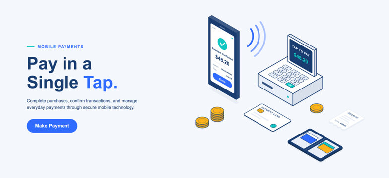 Mobile payments and secure contactless transactions isometric landing page banner template. Smartphone wireless transfer setup with pos terminal, credit card, cash coins and receipt. Vector pack.