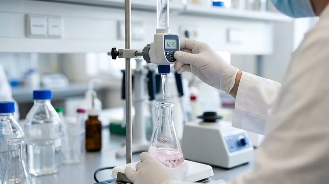 Scientist using digital burette to add liquid to a flask in a laboratory