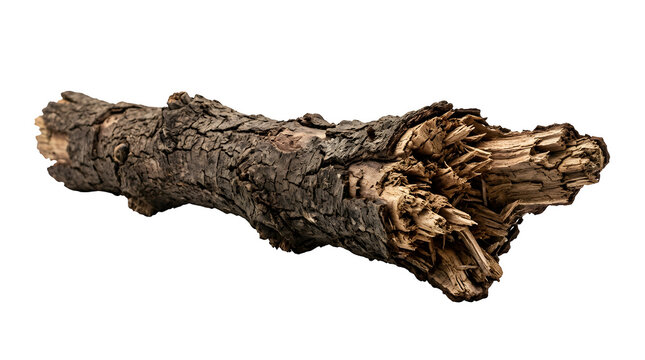 A weathered, broken tree branch with rough, textured bark and splintered wood grain, isolated on transparent background
