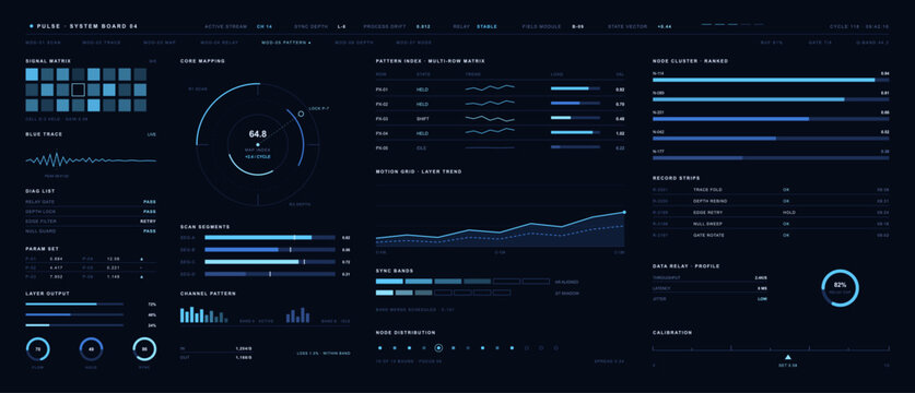 Sci-fi cyber security system motherboard HUD panel interface layout. Futuristic digital data tracking screen with computing network clusters, radar dials and binary analytics charts. Vector hud.