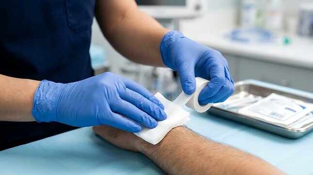 Medical professional applying a sterile gauze bandage to a patient arm in a clinical setting