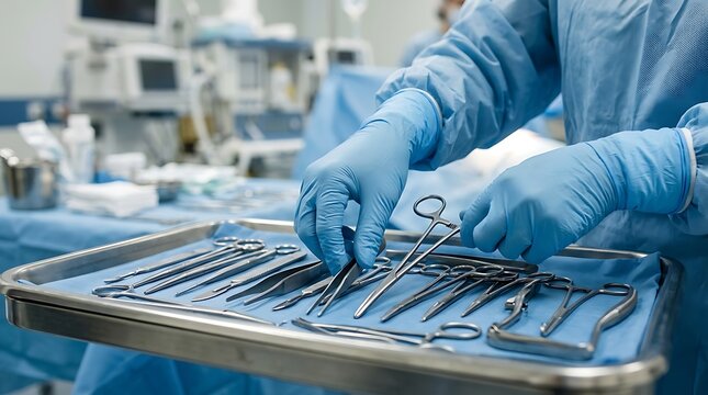 Surgeon wearing blue gloves picking up surgical instruments from a metal tray in an operating room