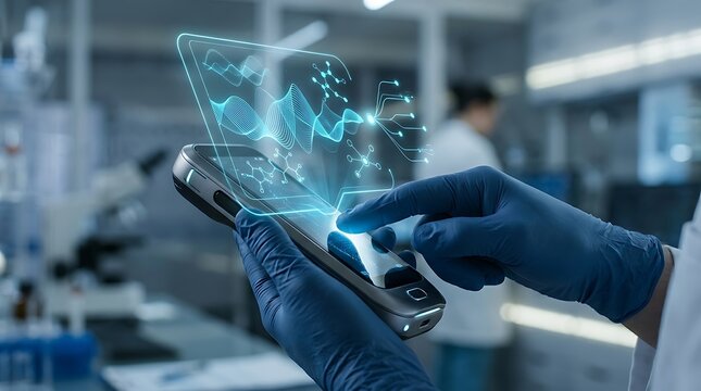 Scientist in lab holding mobile device with holographic chemical molecular data display