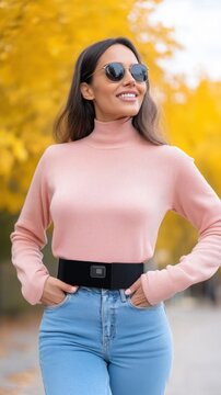 Chic Fall Fashion: Stylish Woman in Pink Sweater and Sunglasses Amid Golden Autumn Leaves