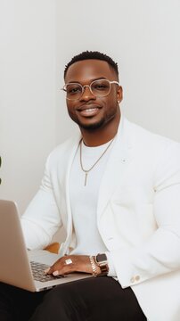Professional African Man in White Blazer Smiling While Working on Laptop at Modern Office