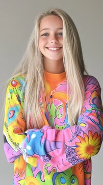 Vibrant Portrait of a Smiling Young Woman in Colorful Artistic Sweater