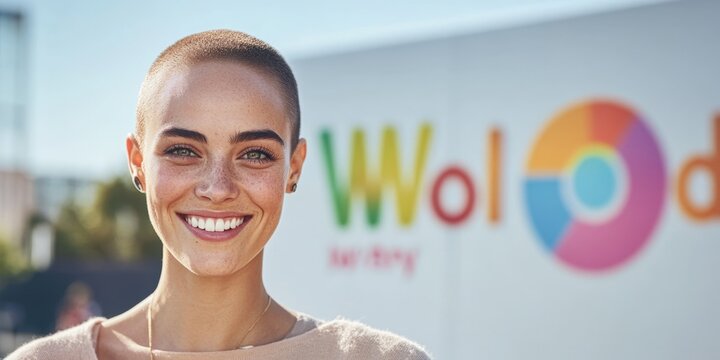Cheerful Young Woman with Short Hair Smiling in Front of Colorful Brand Sign on a Bright Day